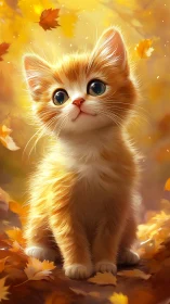 Radiant Autumn Kitten Surrounded by Golden Leaves.