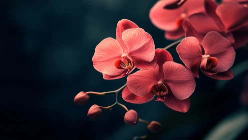Red Orchids Against Dark Background.