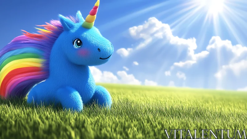 Fluffy blue unicorn relaxes in a sunlit rainbow meadow