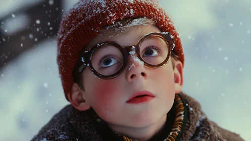 Snowstruck gaze beneath oversized winter storybook glasses.