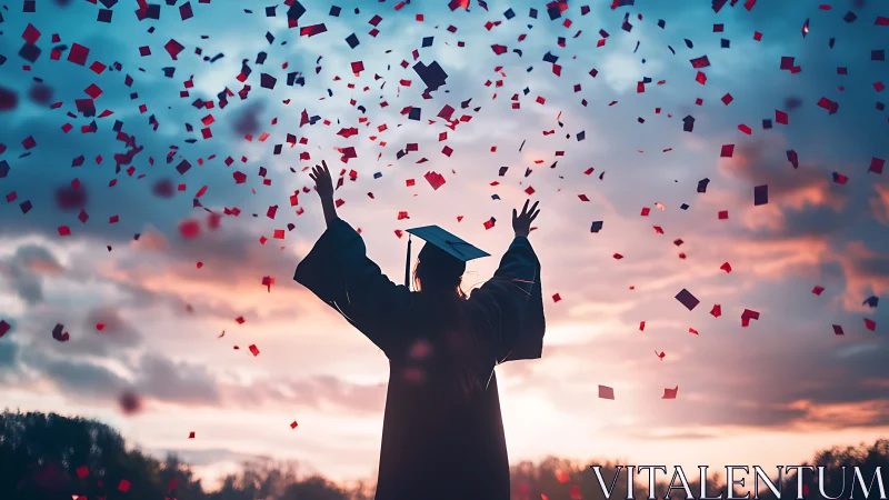 Silhouette graduate celebrating under sunset confetti sky.