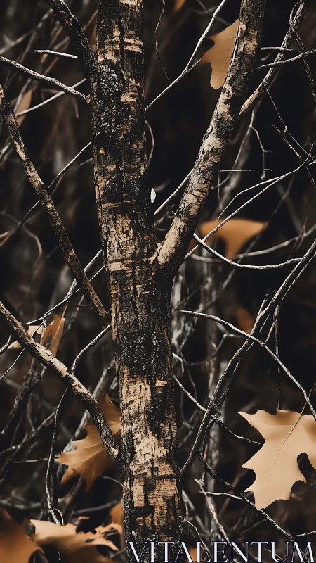 Tree trunk and dry autumn leaves in muted woodland scene.