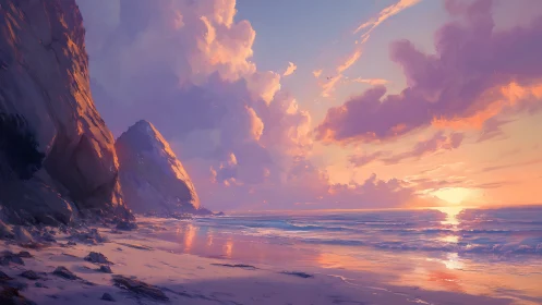 Sunlit cliffs and pastel clouds over tranquil shoreline sunset.