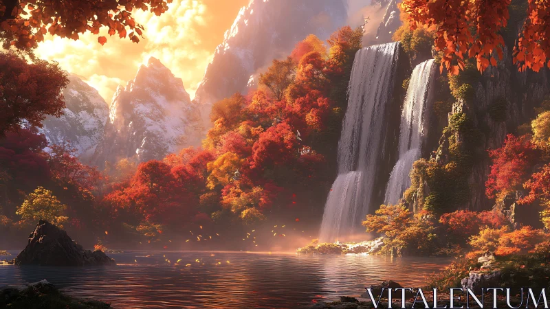 Autumn waterfall cascades through glowing mountain valley.