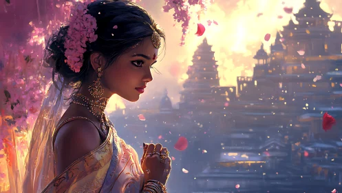 Temple dawn portraits jeweled bride in drifting petals.