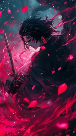 Scarlet-eyed swordsman in swirling crimson energy storm.