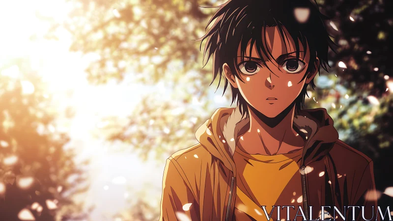 Quiet anime boy in golden forest light, lost in thought.