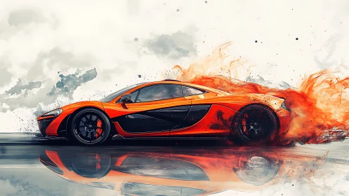 Orange supercar with fiery abstract motion trail art