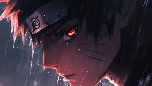 Stormlit ninja gazes ahead with fierce, glowing resolve