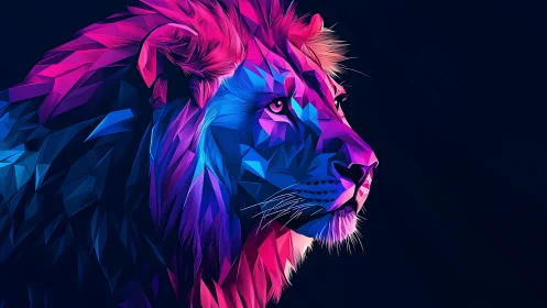 Polygonal neon lion head rendered in vibrant gradient colors