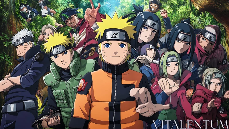Group portrait of headbanded ninja characters in forest.