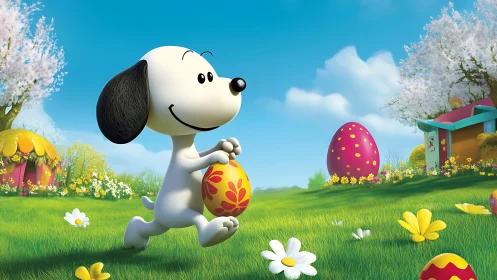 Cartoon dog carrying Easter egg in spring meadow.