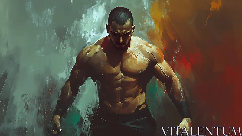Powerful shirtless fighter in dramatic digital portrait.