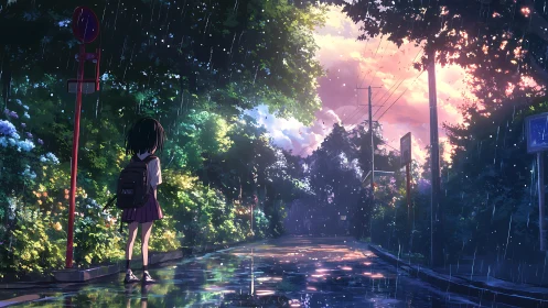 Rain-soaked suburban street frames solitary schoolgirl at dusk