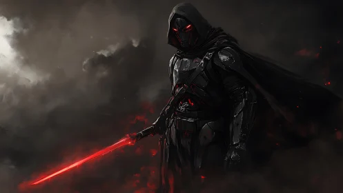 Dark armored warrior with red energy sword in smoke.
