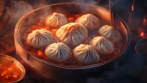Steaming soup dumplings simmer in rich, glowing broth.