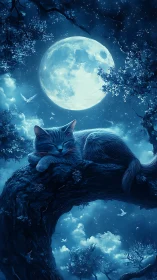 Cat Contemplates Moonlight from Ancient Branch.