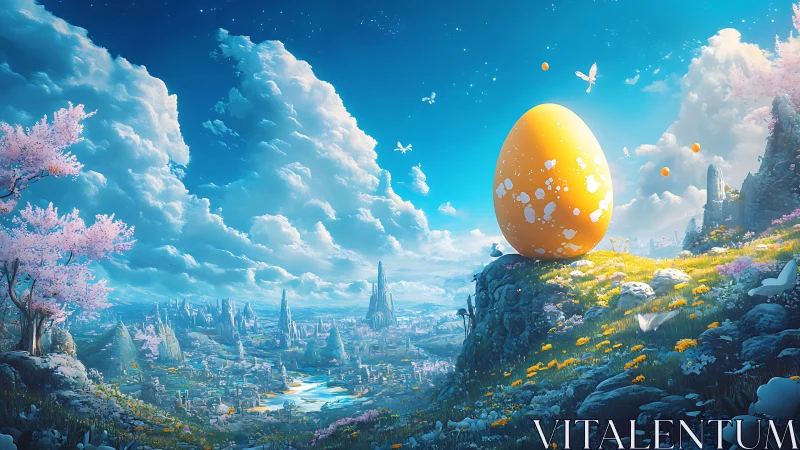 Sunlit titan egg overlooking a pastel dream valley.
