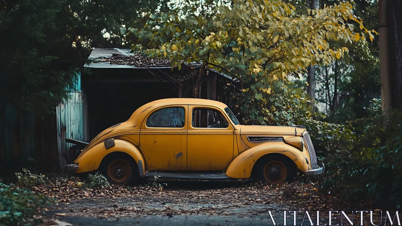 Vintage yellow sedan decays quietly beside foliage-covered shed
