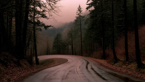 Winding Forest Road at Dusk with Morning Mist.
