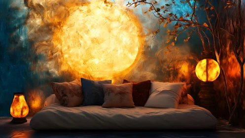 Digital painting bedroom under molten sunlit mural glow.