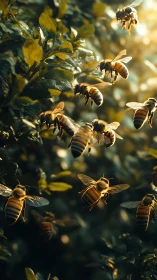 Golden honeybees drift through sunlit garden foliage.