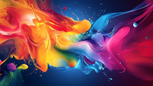 Explosive liquid color waves collide across a deep blue space.