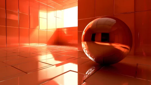 Reflective red sphere sits in glossy tiled corridor