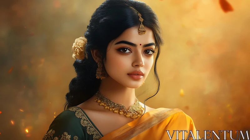 Portrait of woman in sari with jewelry on warm backdrop.