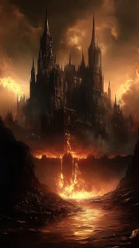 Gothic fortress above central lava fissure at dusk.