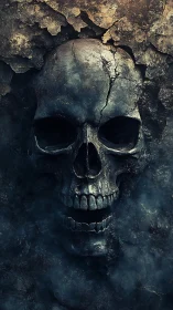 Weathered stone skull embedded in cracked dark wall.