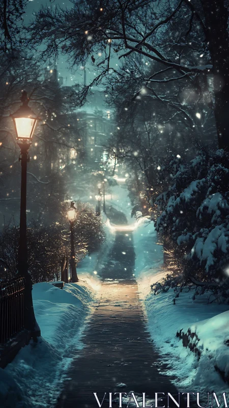 Snowlit urban pathway recedes under nostalgic gaslamps at dusk