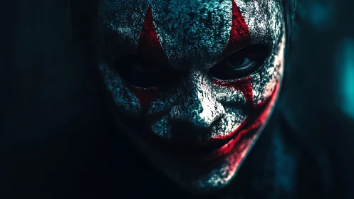 Clown-masked face fills frame under low-key cyan lighting