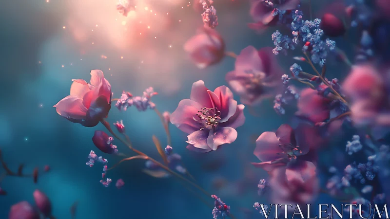 Luminescent Floral Composition: Peony Blossoms with Bokeh Particles.