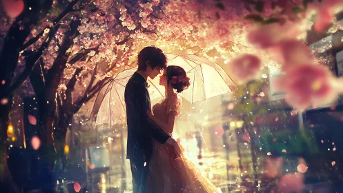 Two Hearts Dancing Through Luminous Rainfall Beneath Cherry Blossoms