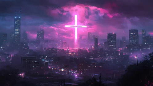 Neon cross illuminating dense futuristic city skyline.