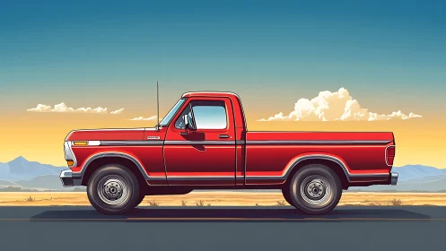 Classic red pickup truck on open desert highway at dusk.