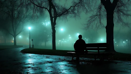 Nocturnal park silhouette in cinematic fog-lit composition.