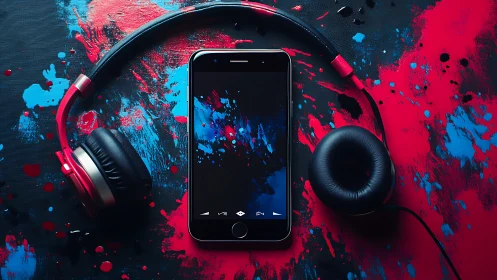 Smartphone and headphones on bold abstract paint background.