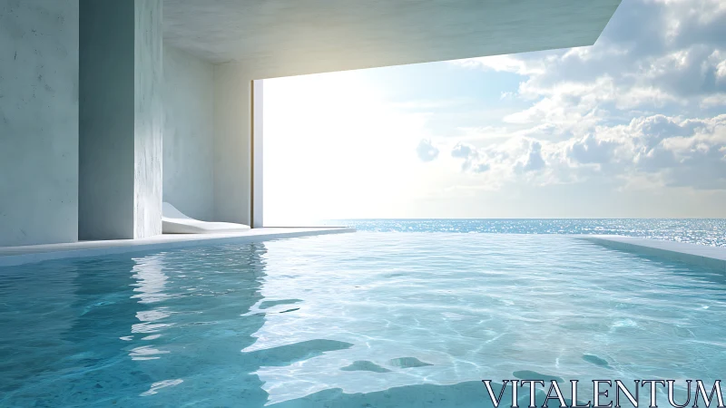 Minimalist infinity pool merges with bright open sea horizon.