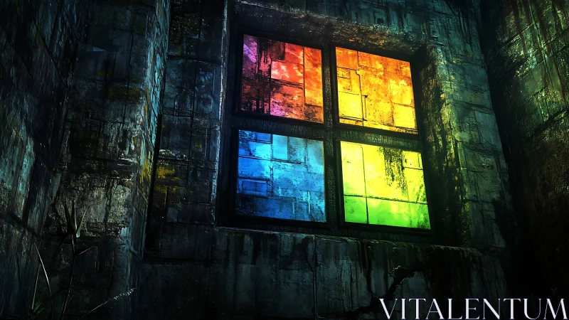 Glowing rainbow window brightening a weathered concrete wall.