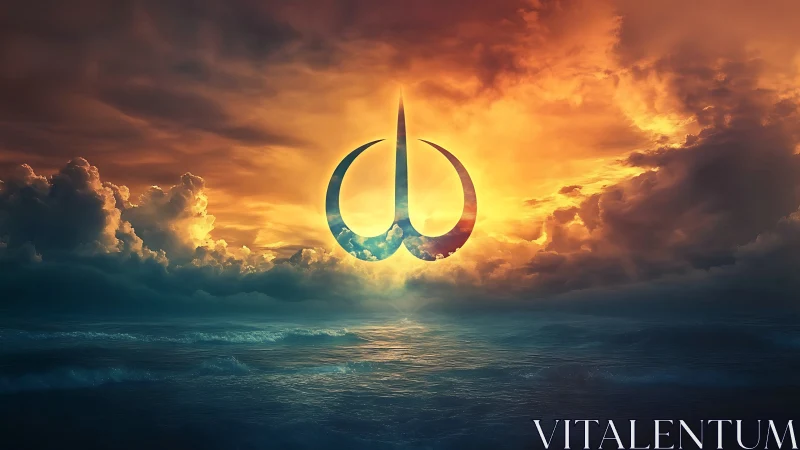 Celestial emblem hovering over cinematic ocean horizon at dusk.
