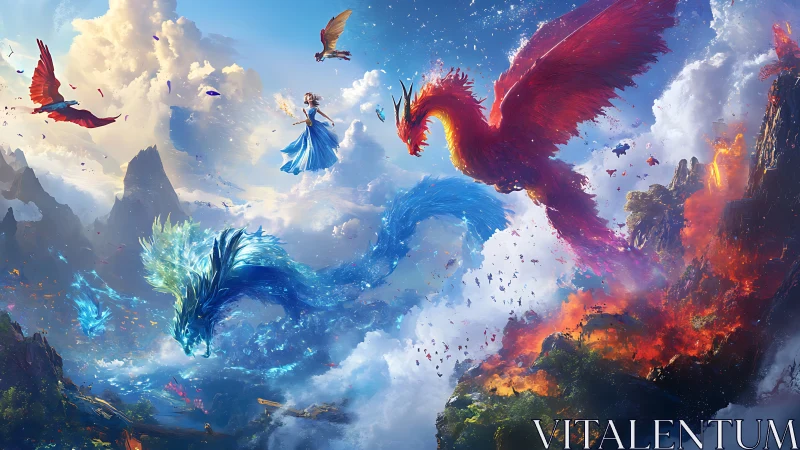 Elemental sky dragons encircle levitating woman in battle tableau.