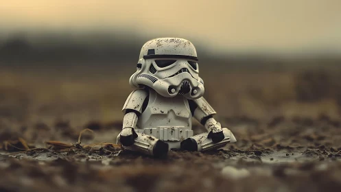 Mud-splattered toy trooper meditating on a lonely wasteland.