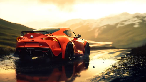 Orange sports car powers along wet mountain road at sunset