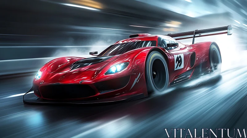 Red race car accelerates through tunnel at intense speed