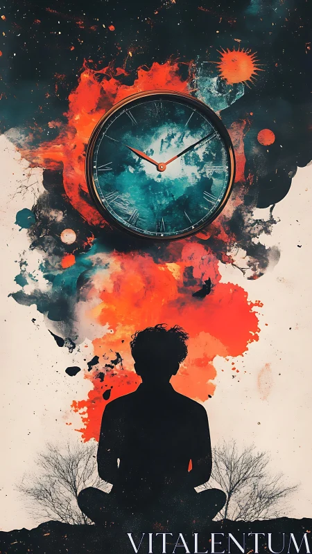 Meditating silhouette beneath cosmic clock and turbulent nebulae