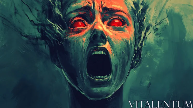 Haunting red gaze in a storm of swirling teal shadows.