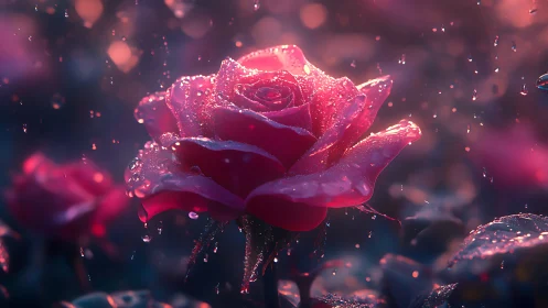 Luminescent Rose with Crystalline Moisture Coating and Bokeh Particle Dispersion