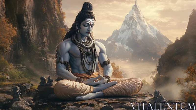 Meditating blue-skinned figure before distant snow peak.